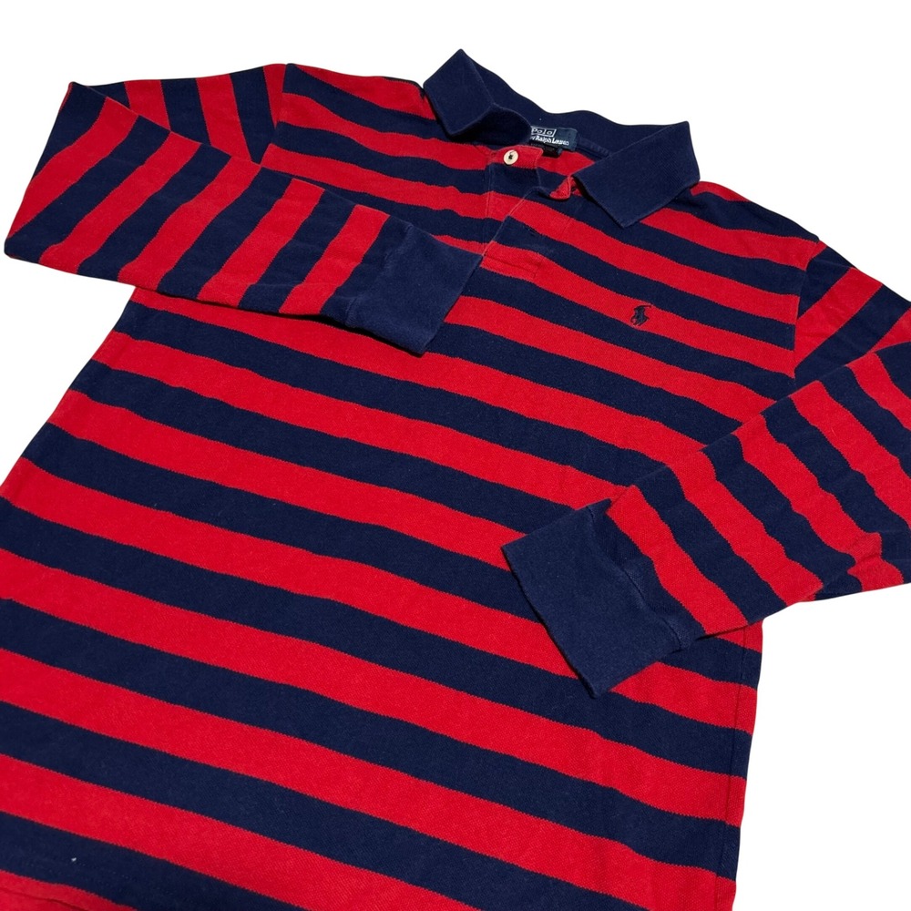 Polo Ralph Lauren Long Sleeve Polo Boys L 16/18 Red Blue Striped Rugby Shirt